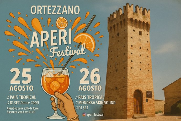 Poster Aperi Festival Ortezzano con torre ghibellina, spritz arancione