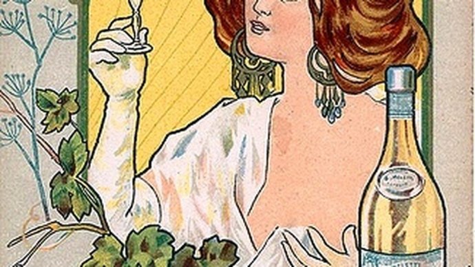 Poster vintage Anisetta Meletti con dama e bottiglia, grafica liberty