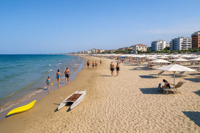 Spiaggia di Velluto Senigallia, bagnanti, ombrelloni bianchi e mare calmo in estate
