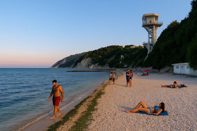 Spiaggia del Passetto ad Ancona con ascensore panoramico, ciottoli e falesie del Conero.