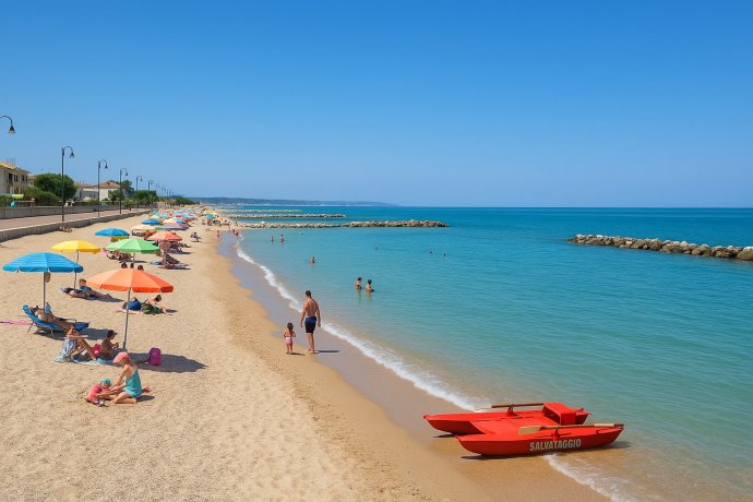 Porto Potenza Picena: spiaggia sabbiosa con ombrelloni, bagnanti e mare calmo limpido.