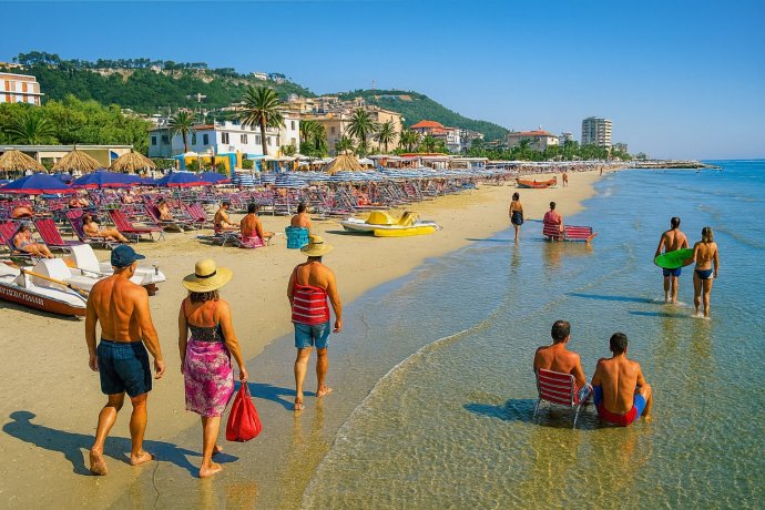 Spiaggia di Grottammare con bagnanti di spalle, mare calmo e ombrelloni su sabbia dorata.
