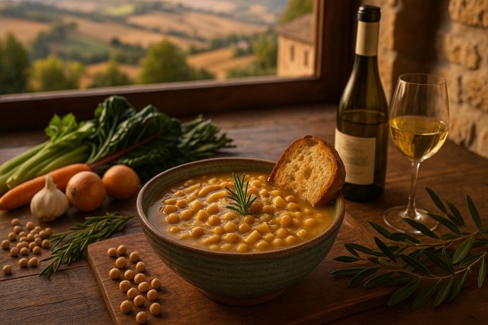 Minestra di ceci marchigiana con quadrucci e rosmarino; pane tostato, colline sullo sfondo.