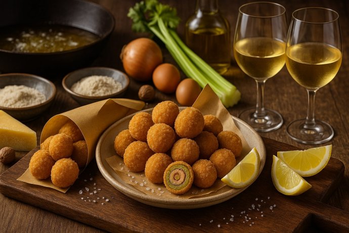 Olive all’Ascolana DOP dorate, ripiene di carni, con limone su piatto rustico.