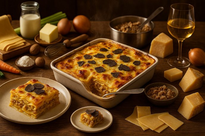 Lasagne all’Ascolana con ragù bianco, besciamella e tartufo; porzione e teglia fumante.