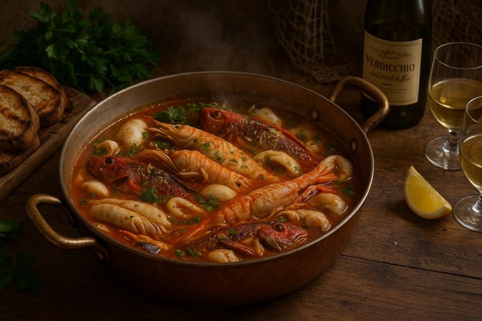 Brodetto all’anconetana in padella di rame, pesce misto dell’Adriatico con pane e Verdicchio.
