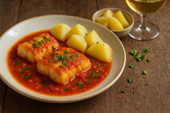 Due tranci di merluzzo in salsa di pomodoro con prezzemolo e patate, su tavolo rustico