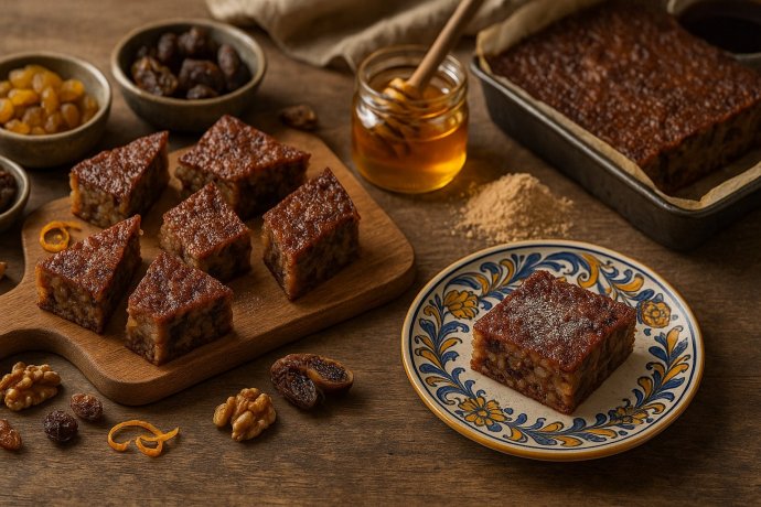 Bostrengo marchigiano a quadrotti su tagliere con miele e frutta secca