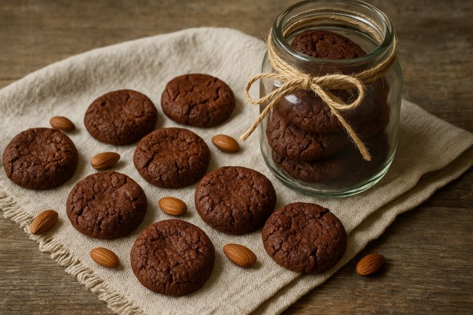 Fave dei morti marchigiane scure su strofinaccio rustico con barattolo in vetro e mandorle.