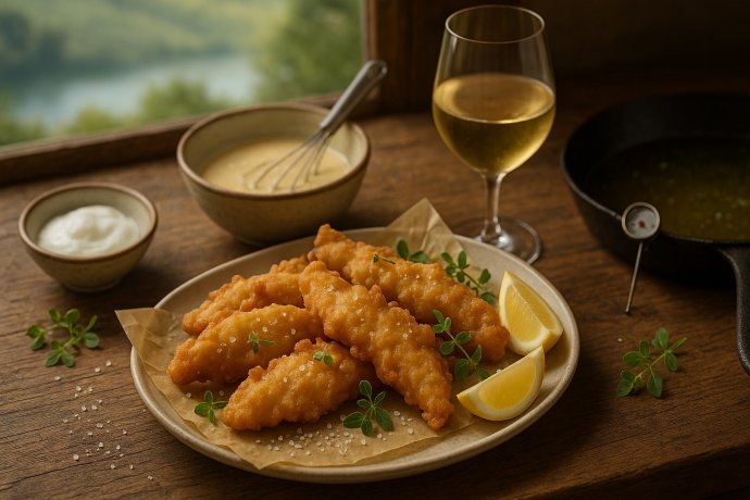 Frittelle di persico marchigiane dorate con limone e maggiorana su piatto rustico