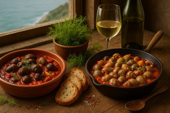 Lumache in porchetta con finocchietto in sugo di pomodoro, pane e calice di Verdicchio