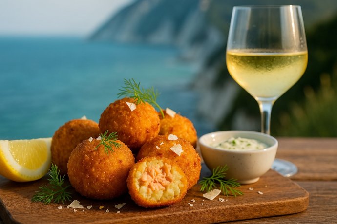 Polpette di patate e salmone con limone e salsa, vista sul Conero e Adriatico al tramonto