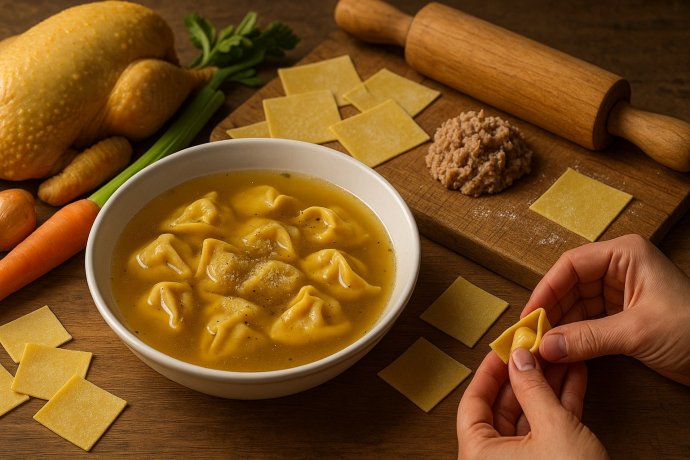 Ciotola di cappelletti in brodo di cappone con mani che formano la pasta in cucina rustica