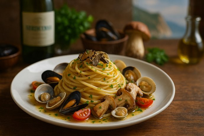 Spaghetti mare e monti marchigiani con vongole, moscioli, funghi e tartufo nero impiattati