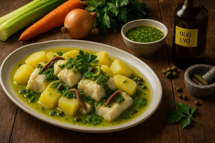 Baccalà lessato con patate e salsa verde al prezzemolo, acciughe e capperi su piatto rustico
