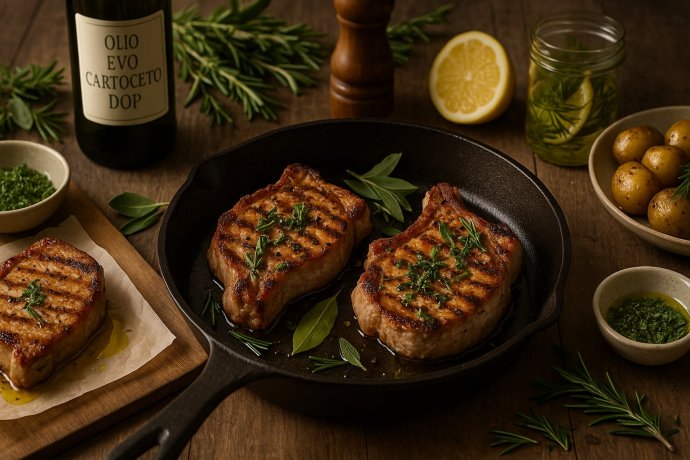 Braciole di maiale marchigiane alla griglia con rosmarino e salvia in padella di ghisa, patate