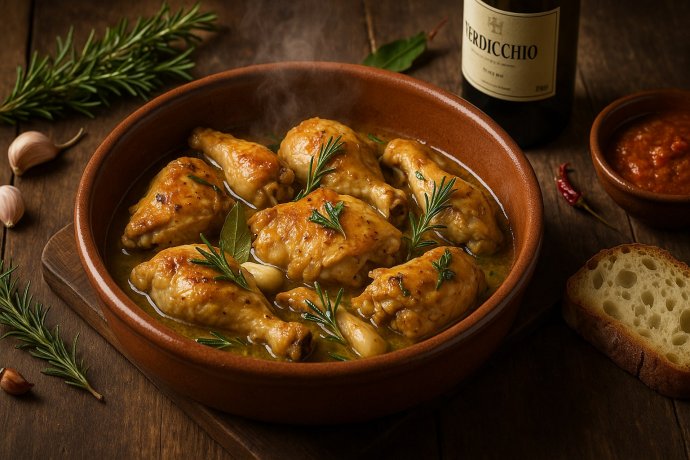 Pollo alla cacciatora marchigiano in coccio, dorato con rosmarino e aglio, fondo al Verdicchio