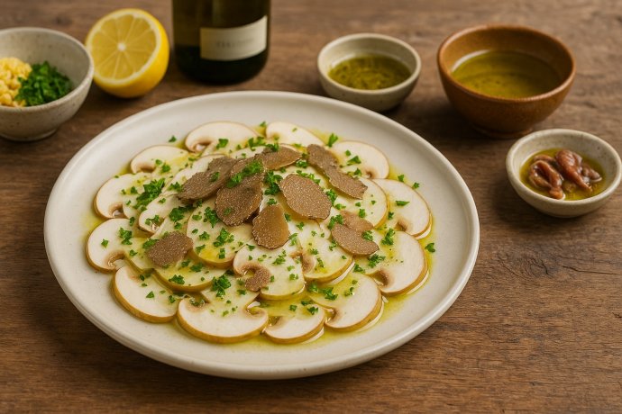 Carpaccio di porcini con tartufo, olio e limone, prezzemolo e acciuga su piatto rustico