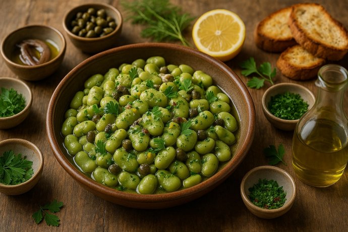 Fave condite con capperi, acciuga, prezzemolo e olio in ciotola rustica, con crostini e limone