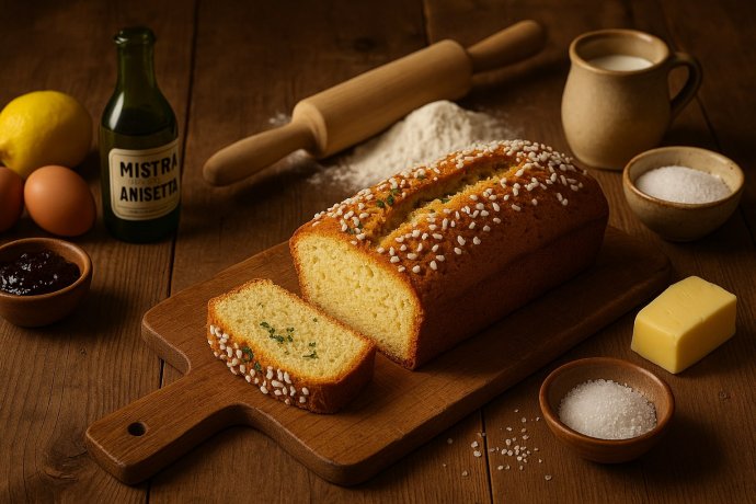 Ciambellone marchigiano a filone con granella di zucchero, fetta tagliata su tagliere rustico