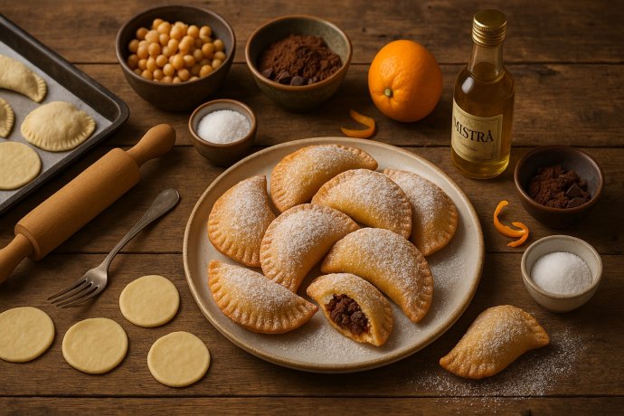 Caciunitti marchigiani fritti, ripieno di ceci e cacao, spolverati di zucchero a velo