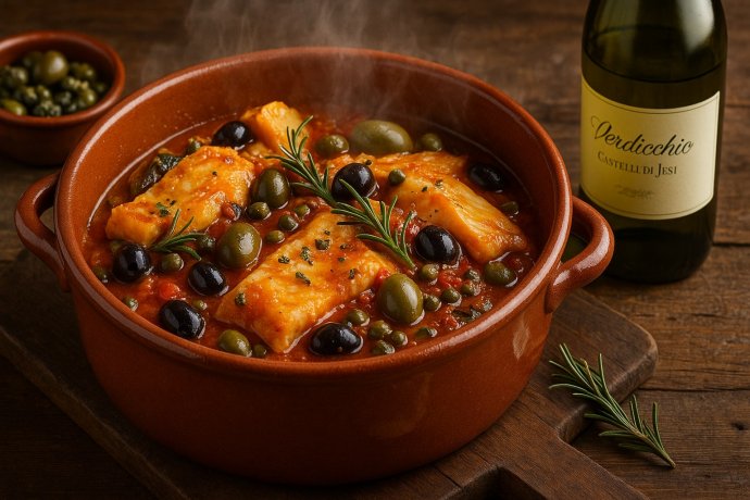 Stoccafisso all’anconetana con patate, olive e capperi in tegame di terracotta, salsa al pomodoro