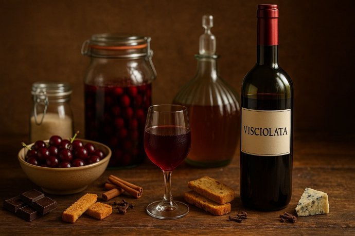 Bottiglia e calice di visciolata su tavolo rustico con visciole, spezie, biscotti e cioccolato