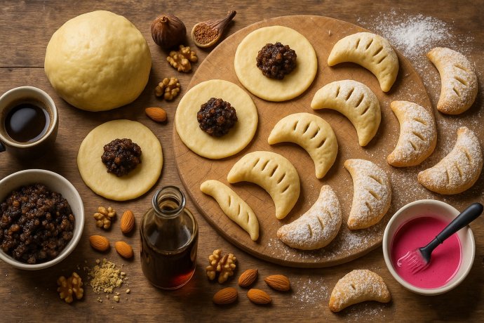Cavallucci di Apiro in lavorazione: impasto, ripieno alla sapa e biscotti cotti a mezzaluna