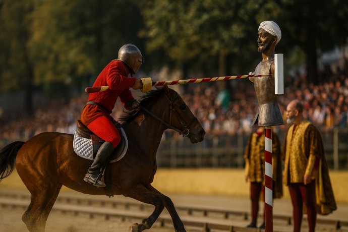 Cavaliere alla Quintana di Ascoli colpisce il Moro al Campo “Squarcia”, pubblico sugli spalti.
