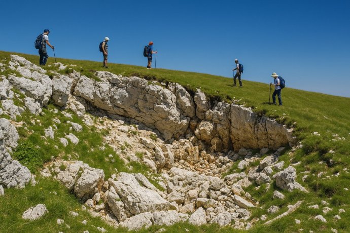 Escursionisti sui Monti Sibillini vicino a una dolina carsica, verso la Grotta della Sibilla