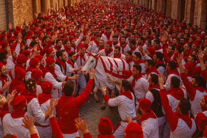 Folla in bianco e rosso attorno al bue simbolico del Carnevale di Offida, Lu Bov Fint.