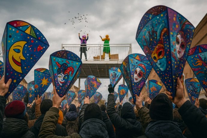 Carnevale di Fano 2025: folla con coni colorati sotto pioggia di dolci e coriandoli.