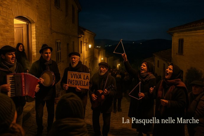 Pasquella nelle Marche: cantori con organetto e tamburello in borgo notturno.