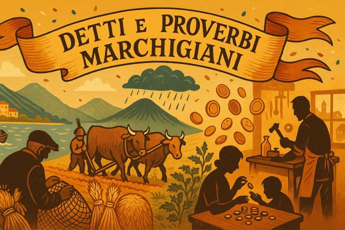 Illustrazione vintage: proverbi marchigiani con buoi all’aratro, monete in salita e artigiano.