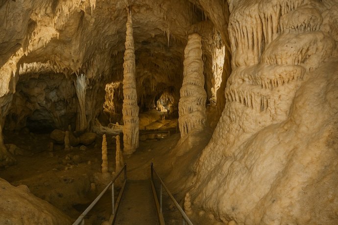 Passerella nelle Grotte di Frasassi tra stalattiti e stalagmiti illuminate, Marche, Italia.