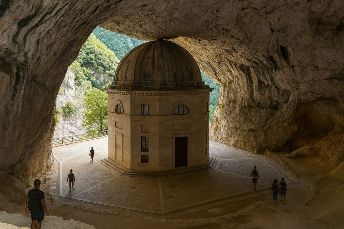 Tempio del Valadier nella grotta di Genga, Marche, con visitatori che camminano sul piazzale.