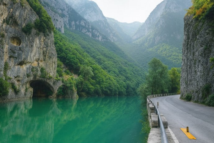 Strada panoramica sulla Gola del Furlo sopra acqua verde smeraldo tra pareti rocciose e boschi.