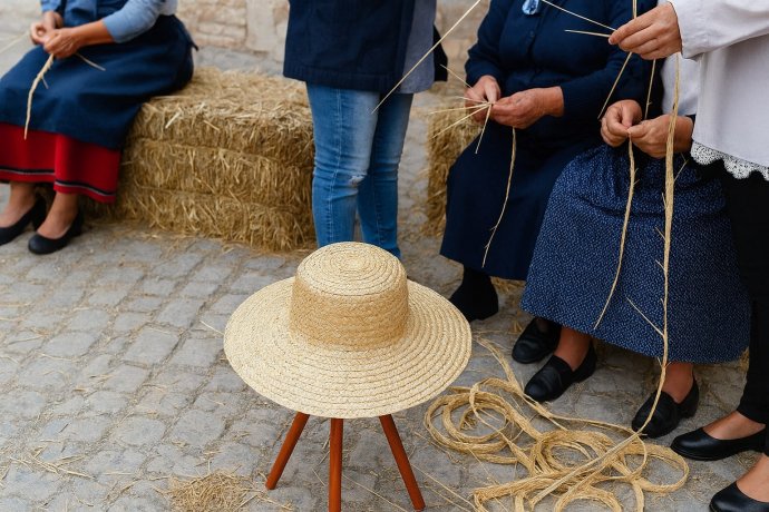 Cappello di paglia su sgabello mentre artigiane intrecciano la paglia a Montappone.