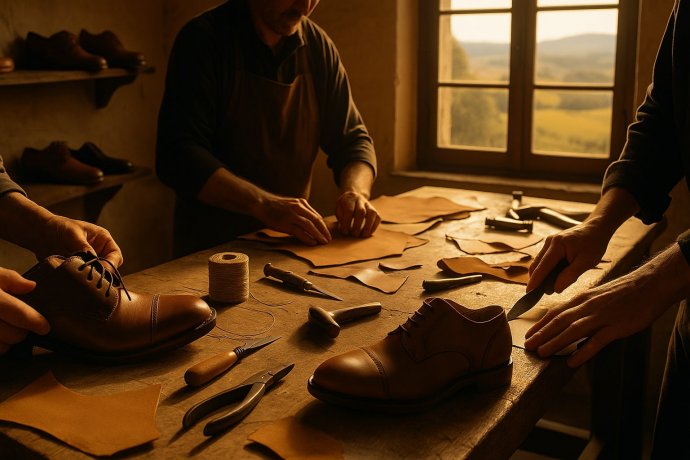Artigiani al lavoro su scarpe di pelle in un laboratorio della Shoes Valley nelle Marche.