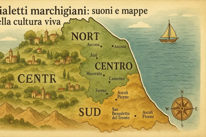 Mappa vintage dei dialetti marchigiani: Nord, Centro, Sud con città principali e costa adriatica.