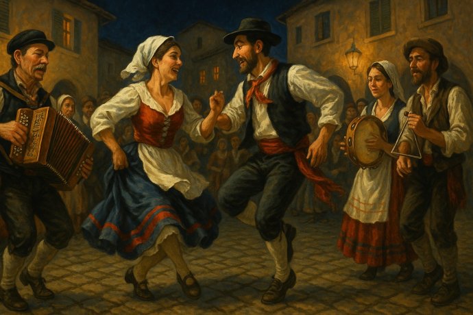 Coppia in costume tradizionale balla il saltarello marchigiano in piazza con musicisti folk.