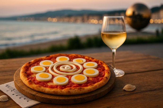 Pizza Rossini con uova sode e maionese sul mare di Pesaro al tramonto, con calice di vino bianco.