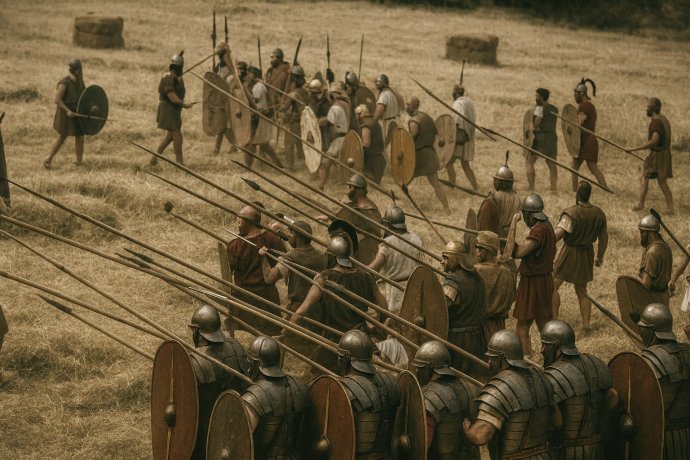 Legionari romani in formazione con lance e scudi durante la rievocazione della Battaglia del Metauro