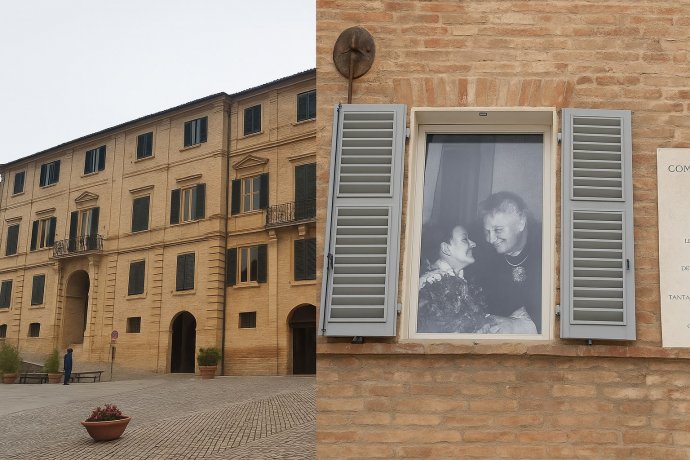 Facciata di Casa Leopardi e finestra di Casa Montessori con foto d'epoca di Maria Montessori.