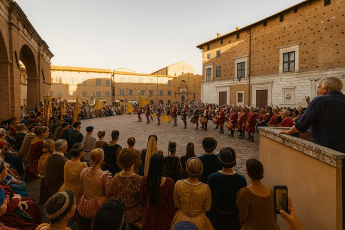 Rievocazione rinascimentale in piazza a Urbino con corteo storico e sbandieratori in costume.