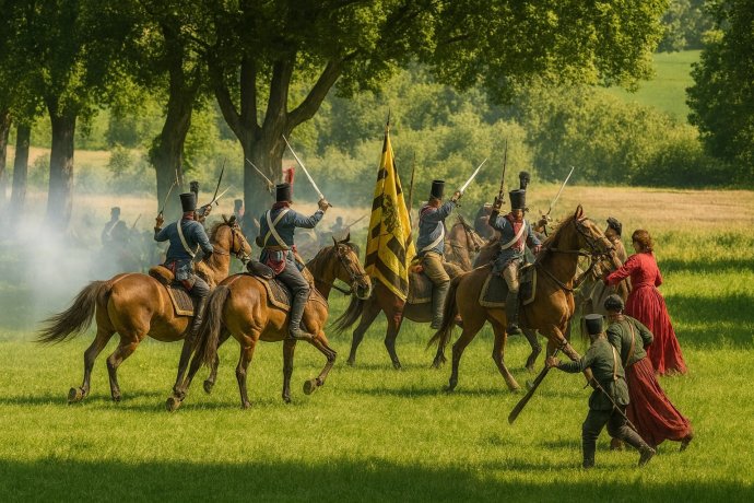 Cavalleria napoleonica in carica durante la rievocazione della Battaglia della Rancia a Tolentino.