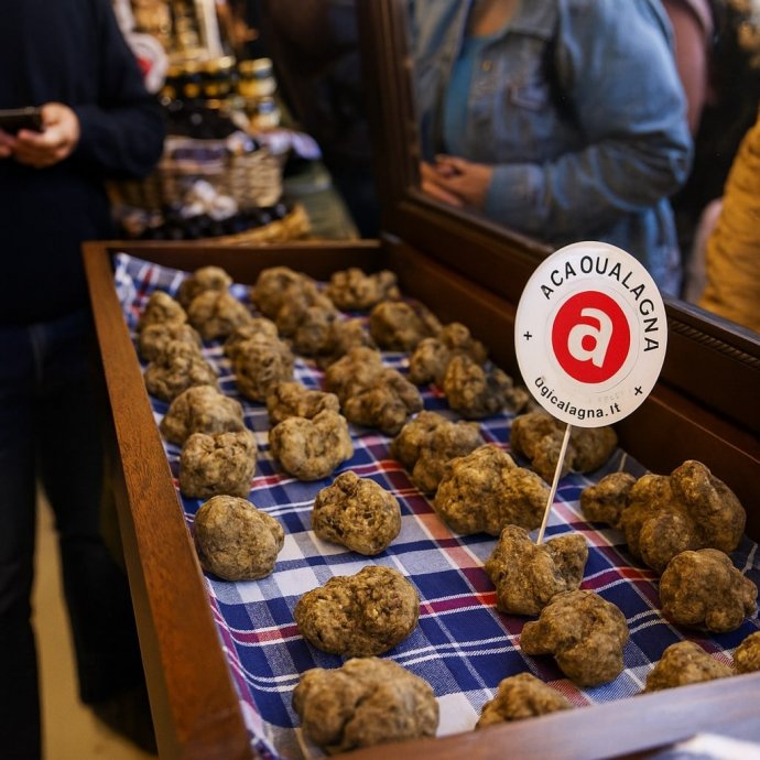  Tartufi bianchi esposti in teca ad Acqualagna, durante una fiera gastronomica nelle Marche.
