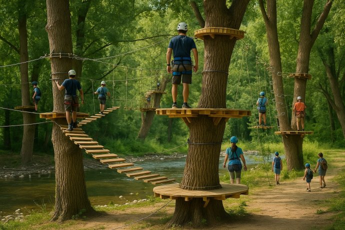 Percorso avventura sugli alberi a Frasassi con piattaforme di legno e persone imbragate nel bosco.