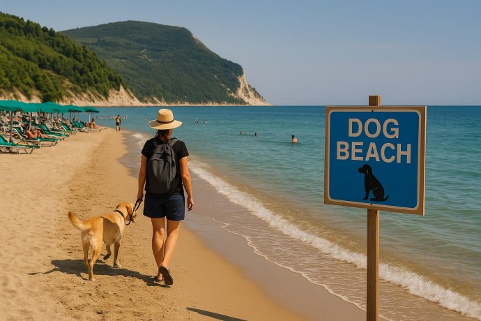 Donna cammina con il cane su una dog beach sul mare Adriatico, con cartello “Dog Beach” in primo pia