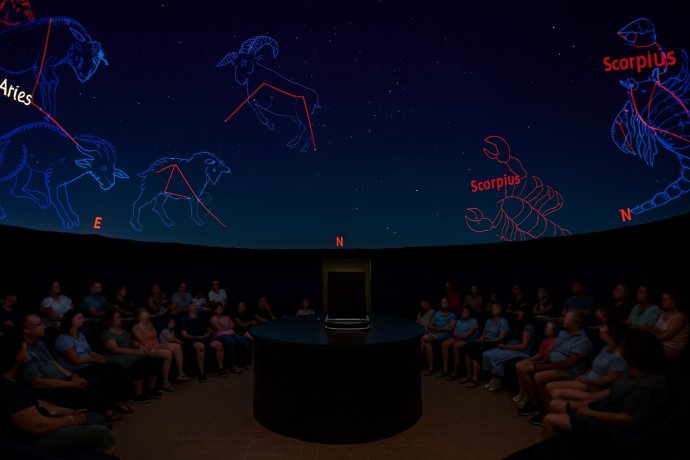 Visitatori nel planetario del Museo del Balì osservano Aries e Scorpius proiettate sulla cupola.